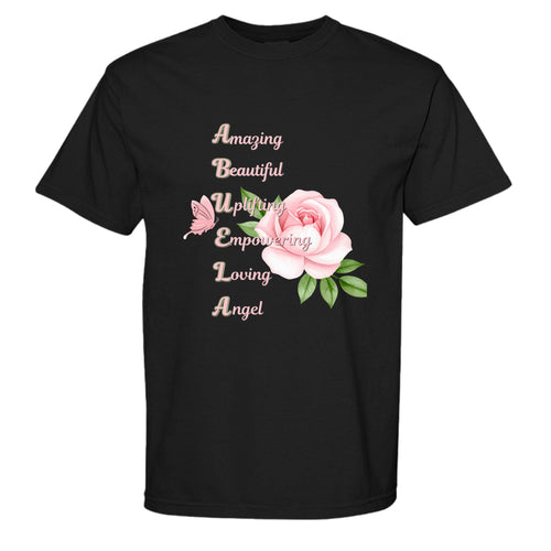 Black t-shirt with a pink rose and motivational text on a white background