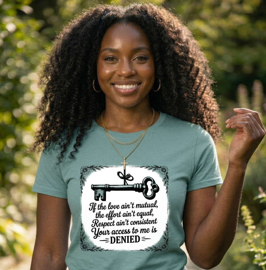 Woman wearing a teal t-shirt with a key graphic and text outdoors