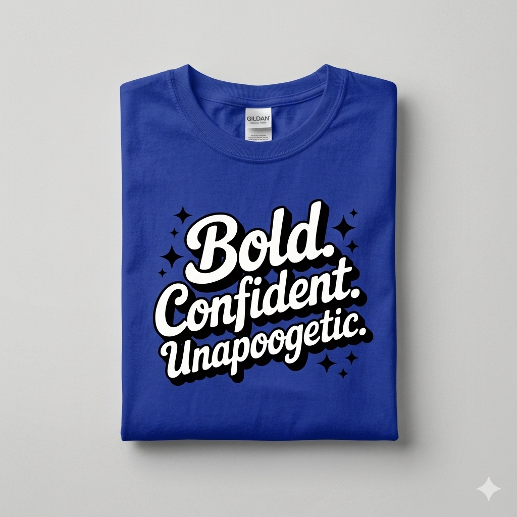 Folded blue t-shirt with motivational text on a gray background