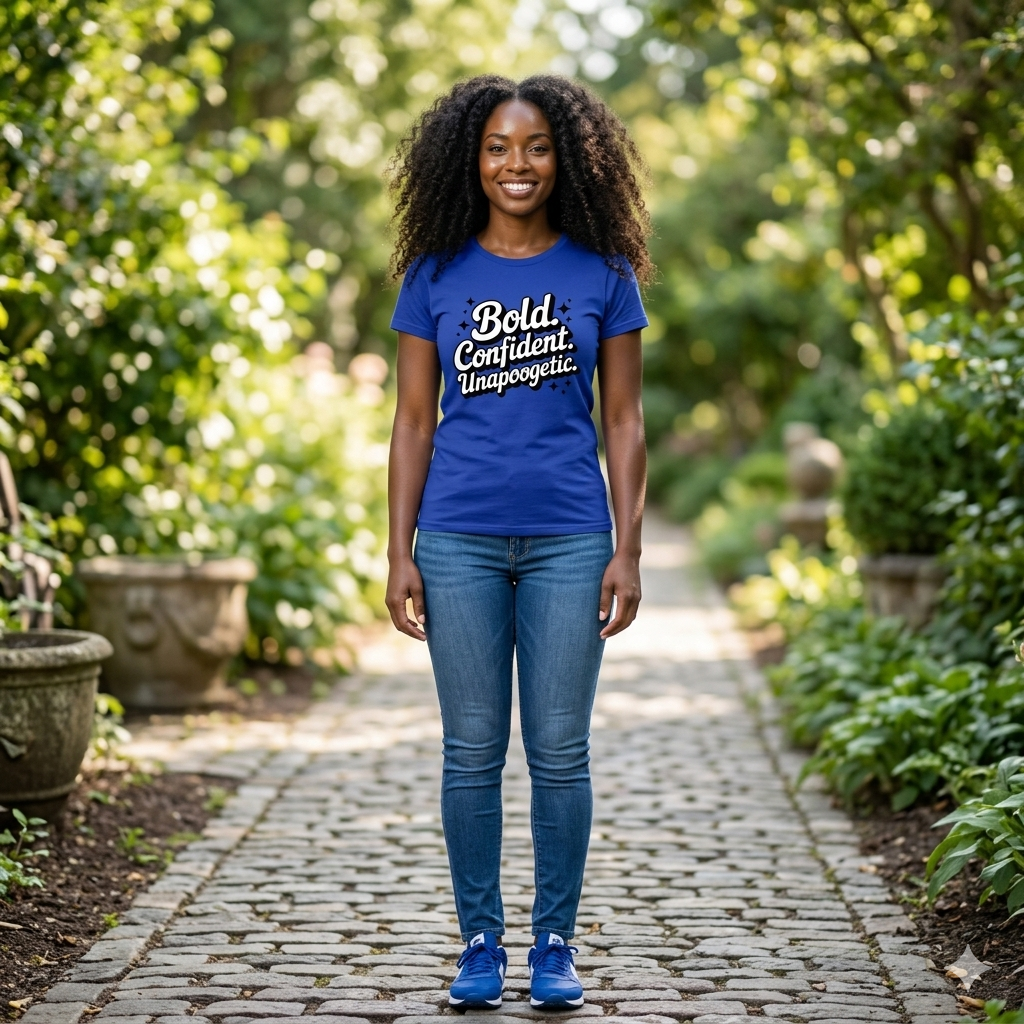 Person wearing a blue t-shirt with text standing on a garden path