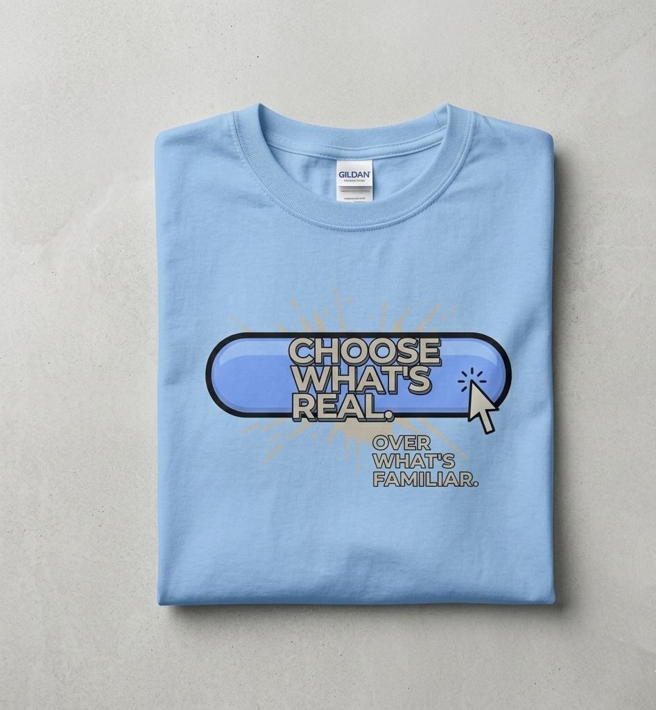 Folded light blue t-shirt with a motivational graphic and text on a gray background