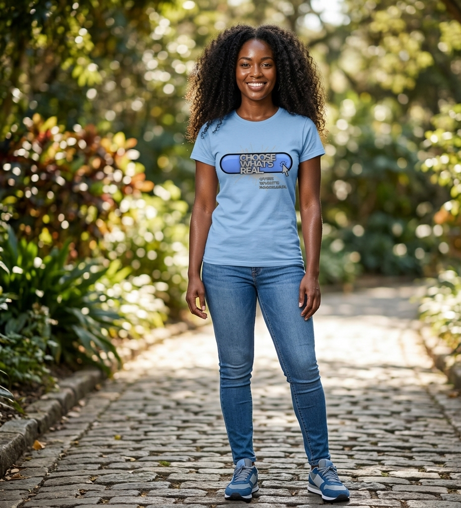Person wearing a blue t-shirt with text in a garden setting