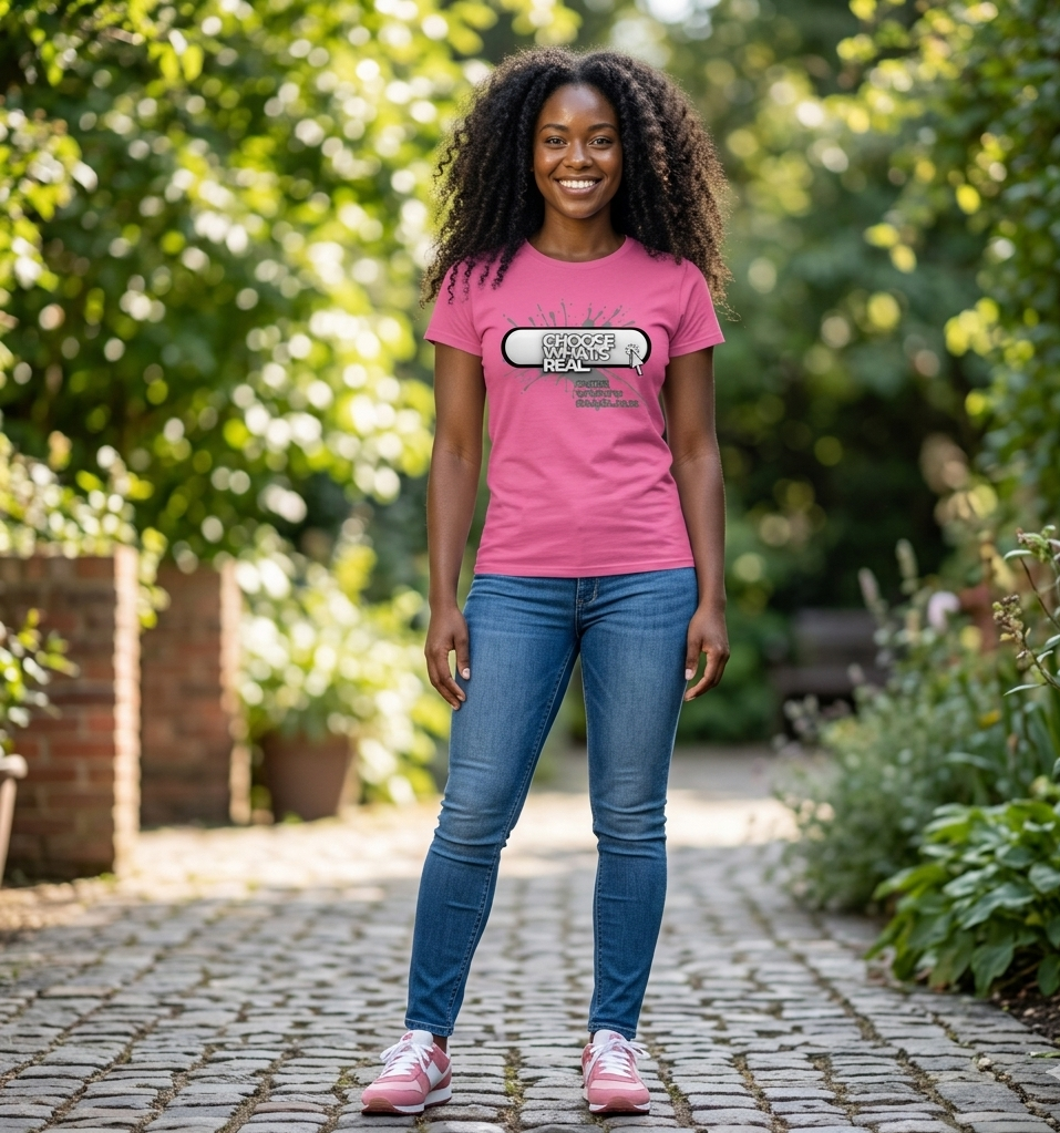 Woman wearing a pink t-shirt and blue jeans standing on a stone path with greenery in the background