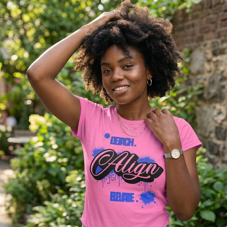 Woman wearing a pink t-shirt with text, standing outdoors against a natural background