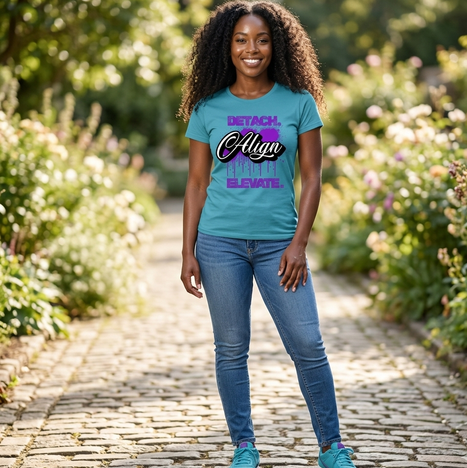 Woman wearing a teal t-shirt with text standing on a garden path