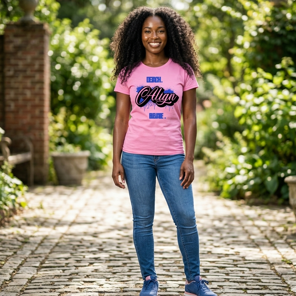 Person wearing a pink t-shirt with text in an outdoor setting