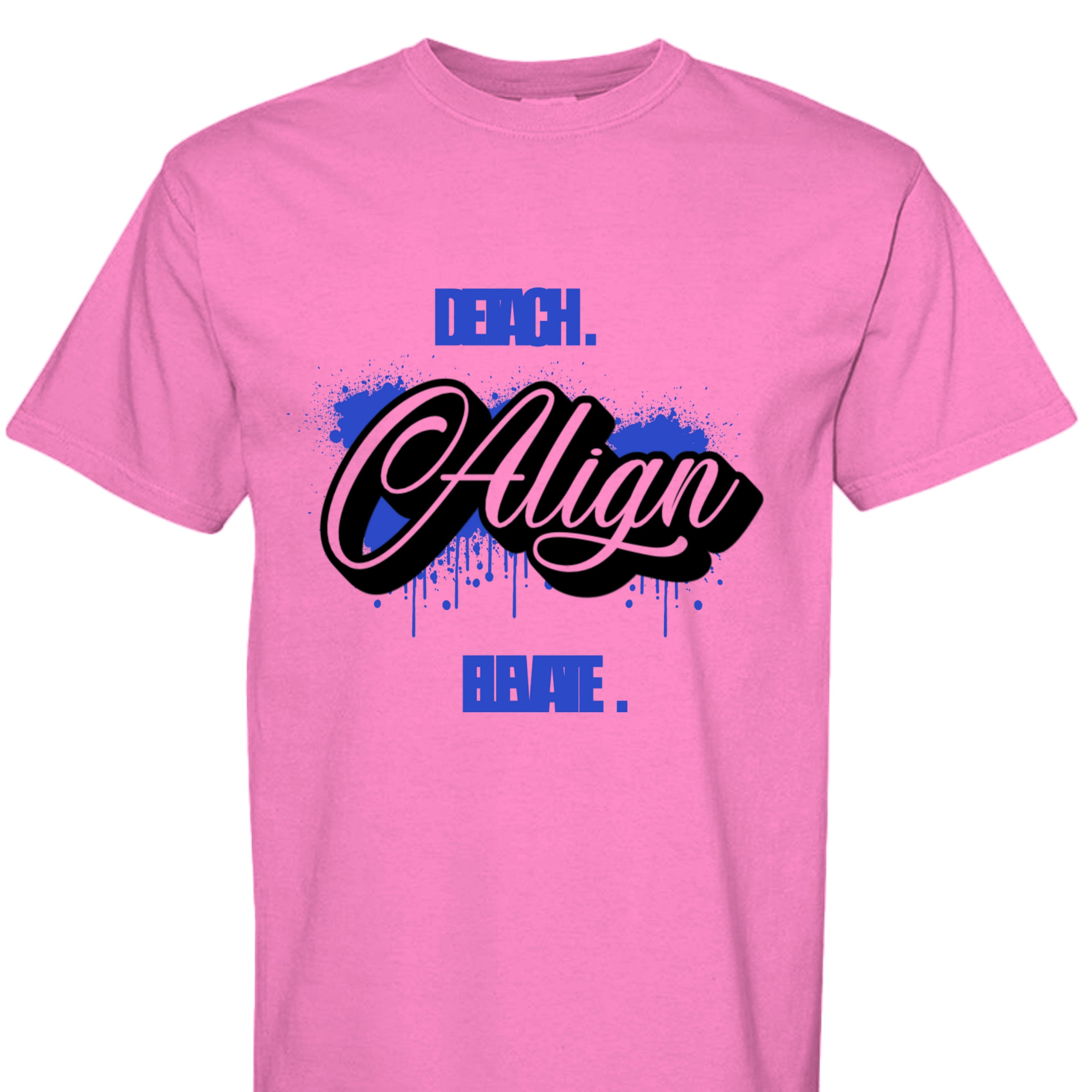 Pink t-shirt with black and blue graphic text on a white background