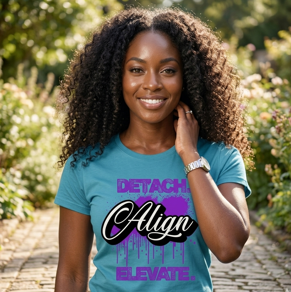 Woman wearing a blue t-shirt with motivational text in a garden
