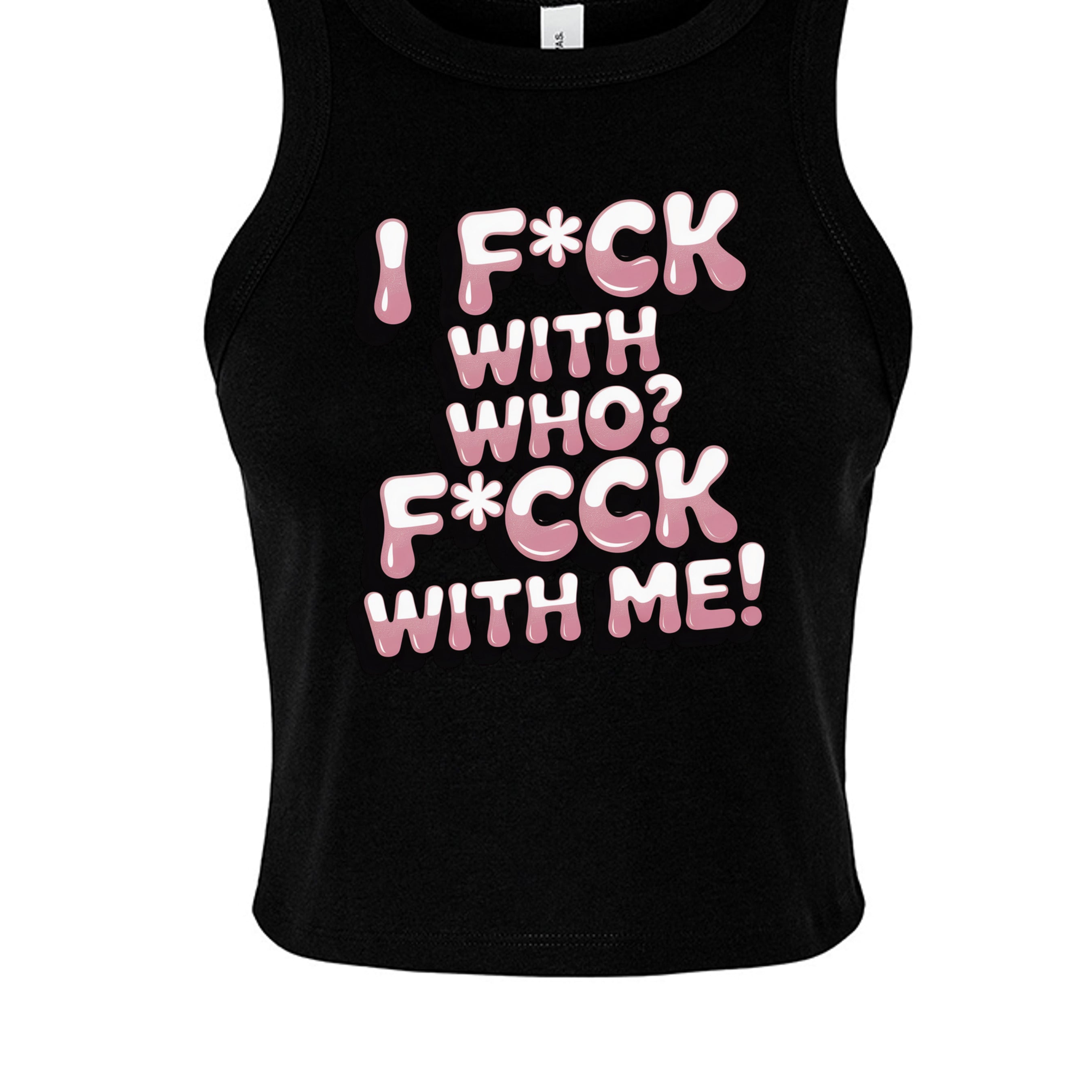 Black tank top with pink text on a white background