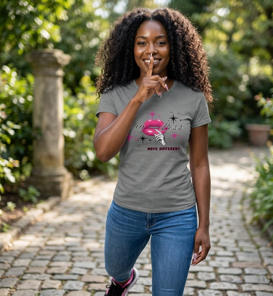 Woman wearing a gray t-shirt with a graphic design, standing outdoors on a stone path.