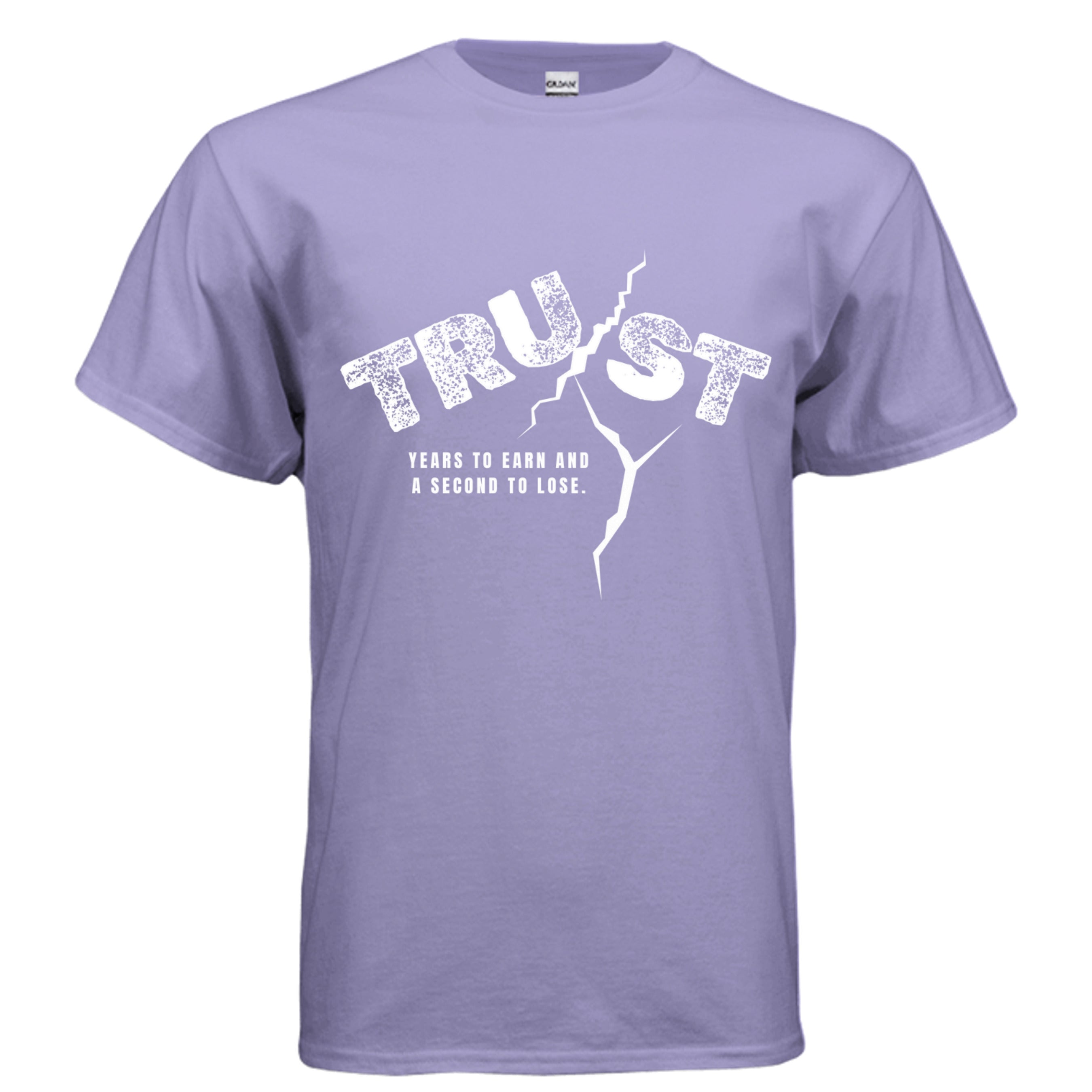 Purple t-shirt with white text design on a white background