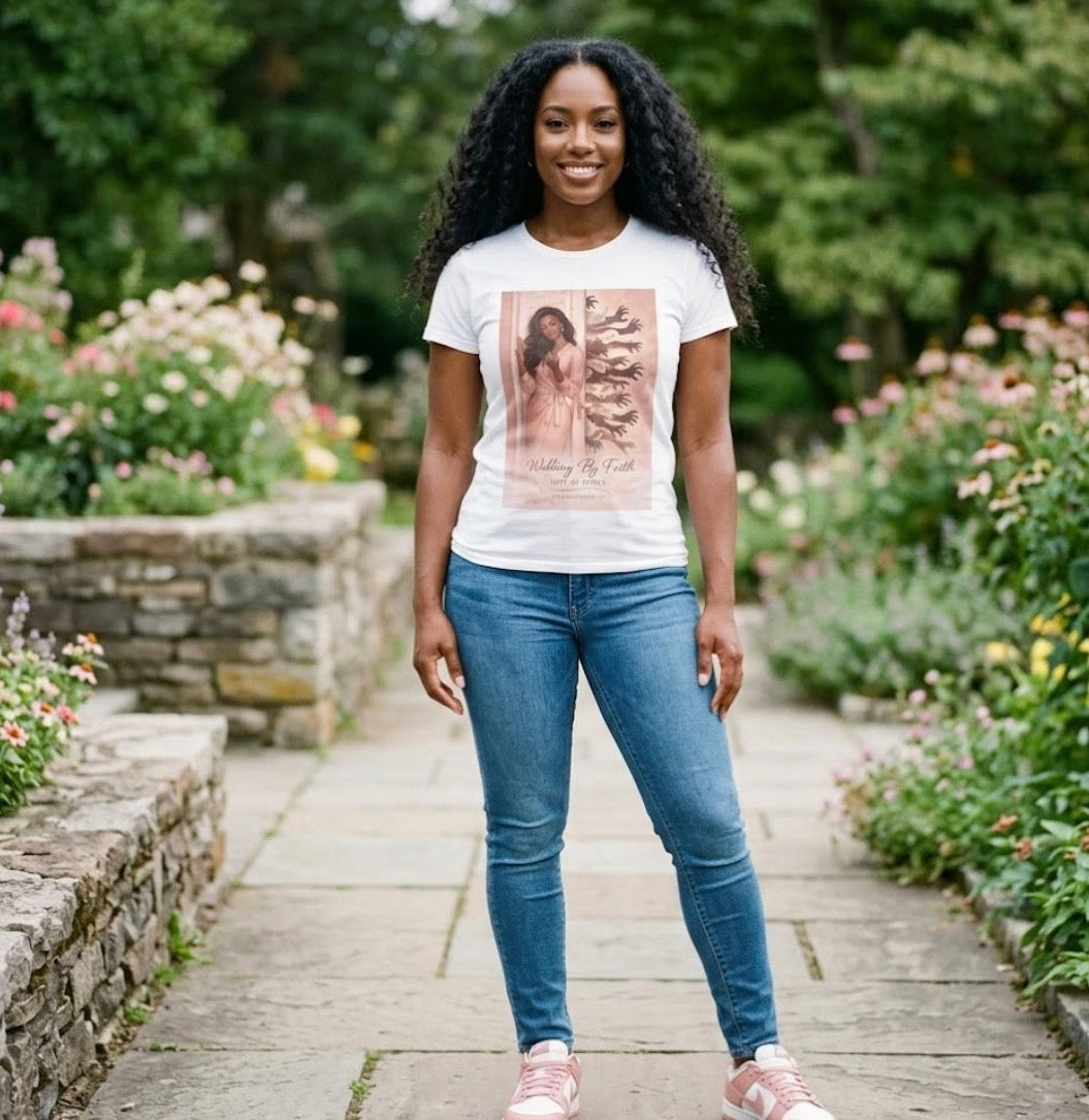 Woman wearing a white t-shirt with a graphic design in a garden setting